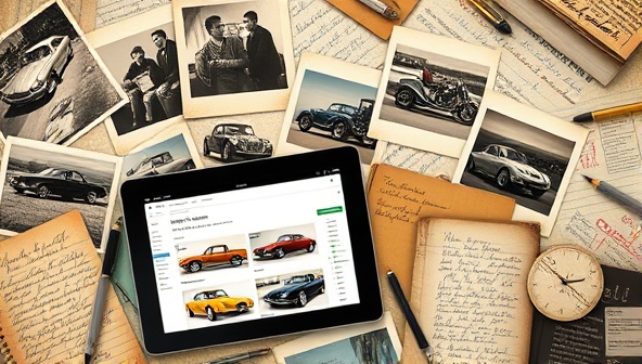 An evocative digital collage featuring vintage car photographs, handwritten notes, and memorabilia arranged in a visually appealing and nostalgic display, with a modern tablet displaying a digital car archive interface, capturing the essence of preserving automotive history and personal memories in a digital era.