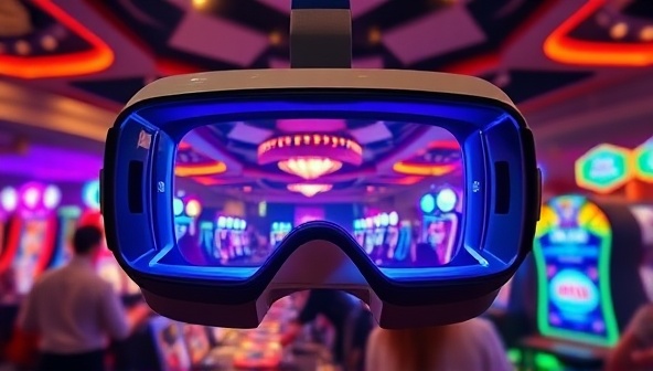 An immersive VR headset displaying a vibrant virtual casino world with players interacting and playing games, capturing the excitement and futuristic appeal of the VR Casino Quest experience.