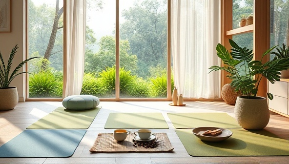 A serene virtual wellness retreat ambiance with yoga mats, herbal teas, meditation cushions, and soothing nature sounds, creating a calming and rejuvenating space for clients to embark on their wellness coaching journey, promoting holistic health and well-being.