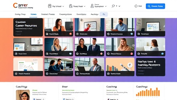 An online career development platform interface showcasing a variety of courses, career resources, and coaching options, with a diverse group of professionals engaging in virtual networking and skill-building activities, highlighting career growth opportunities.
