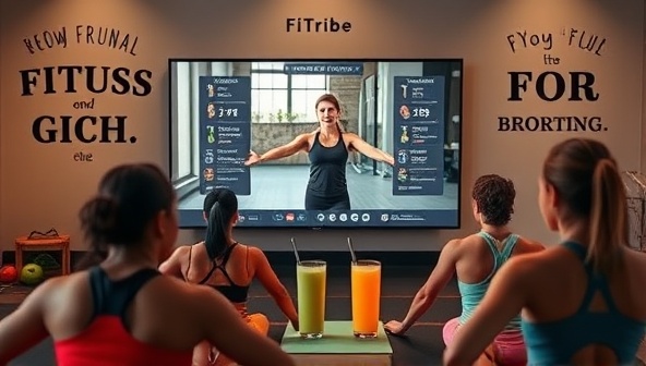 An energizing visual of a virtual fitness class with participants following a coach's workout routine on screen, surrounded by motivational fitness quotes, healthy smoothies, and workout equipment, creating a vibrant and supportive atmosphere within the FitTribe community.