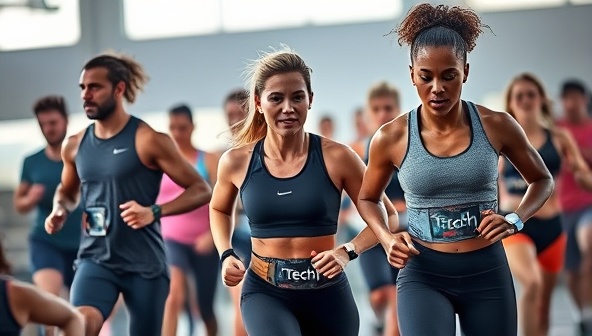A dynamic and energetic fitness scene featuring athletes and fitness enthusiasts wearing FitTechWear apparel, using wearable fitness tech gadgets, and engaging in various workout activities, embodying performance, innovation, and style.