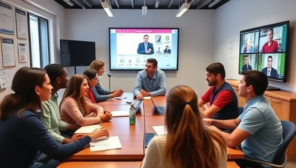 An engaging virtual workshop scene with enthusiastic teenagers participating in hands-on career exploration activities, interacting with industry professionals through video conferencing, and exploring various career paths in a dynamic and educational environment, reflecting the essence of CareerQuest Teens.