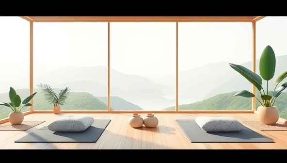 A serene and tranquil digital illustration of a virtual wellness retreat setting with calming nature elements, yoga mats, and meditation cushions, symbolizing relaxation and inner peace in a virtual retreat environment.
