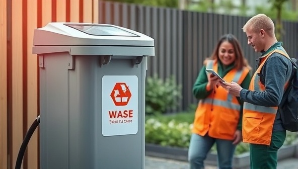 An image of a smart waste bin with sensors displaying fill levels and recycling indicators, accompanied by a waste management team using a mobile app to track collections and optimize routes, illustrating efficient and eco-friendly waste management practices.