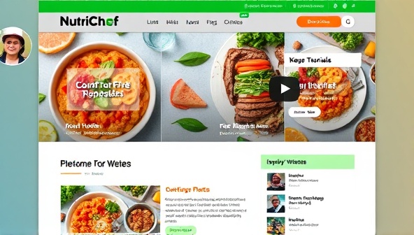 An eye-catching digital illustration of a NutriChef Network homepage showcasing vibrant food images, cooking tutorial videos, and user testimonials, creating an inviting and inspiring culinary hub.