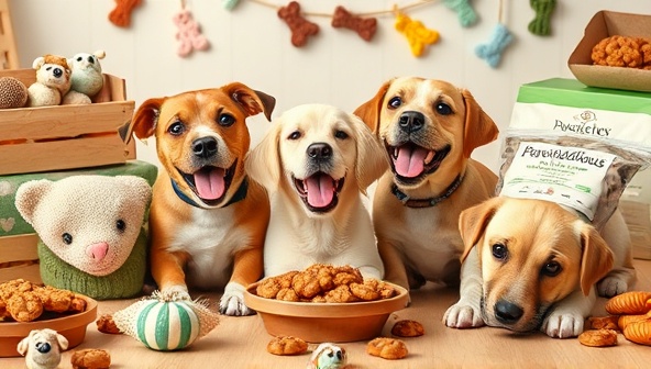 An adorable and heartwarming scene of dogs happily munching on PawsitivelyDelicious treats in a cozy pet-friendly setting, surrounded by colorful packaging and playful dog toys, capturing the joy and satisfaction of pampering furry companions with homemade delights.