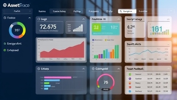 A digital dashboard displaying real-time asset tracking data for a commercial property, including energy usage charts, maintenance alerts, security status, and tenant feedback, representing the sophisticated monitoring capabilities of the AssetTrace system.