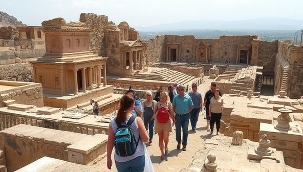An ancient archaeological site with a group of tourists led by a knowledgeable guide exploring the ruins, surrounded by rich historical artifacts and cultural symbols, capturing the immersive and educational experience offered by HeritageQuest Tours in discovering the world's heritage treasures.