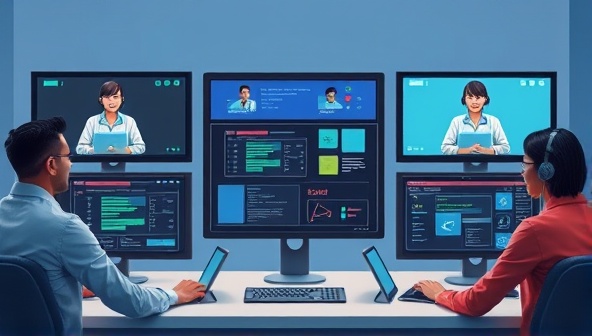 An engaging visual depicting a virtual tech support team assisting customers through multiple screens, with a central control panel showcasing different tech issues being resolved simultaneously, conveying efficiency, expertise, and seamless support services.