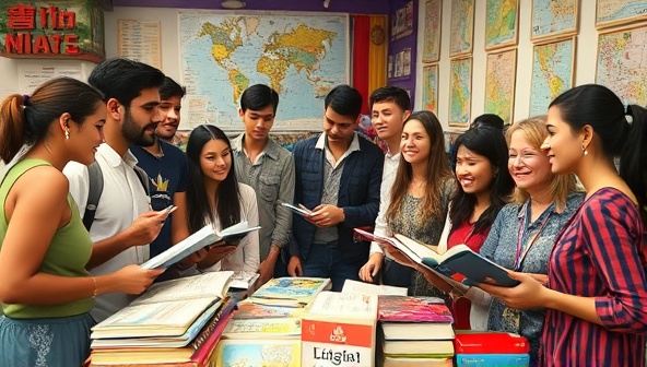 A diverse group of individuals engaged in language exchange activities in a vibrant cultural setting, surrounded by language textbooks, maps, and language learning tools, symbolizing the fusion of language learning and travel experiences.