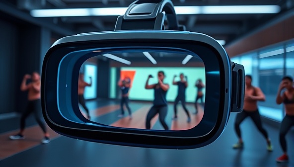 A futuristic VR headset displaying a virtual fitness class environment with users actively participating in a dynamic workout session, showcasing the immersive and engaging nature of the platform.