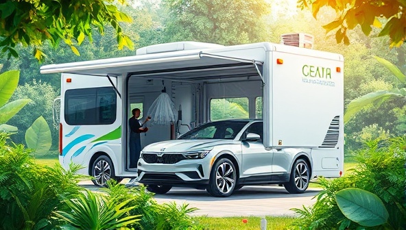 An artistic representation of a mobile car wash unit surrounded by lush greenery, showcasing a clean and shiny car being serviced, emphasizing convenience and environmental friendliness.