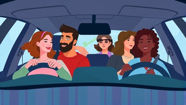 A vibrant digital illustration showing diverse individuals sharing a car ride, with a map in the background highlighting their route and cost savings, symbolizing community, eco-consciousness, and shared mobility.
