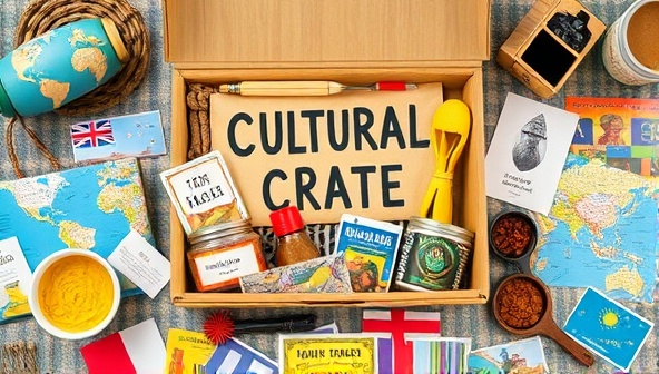 An artistic flat lay of a Cultural Crate box filled with vibrant souvenirs, spices, postcards, and cultural artifacts from different countries, inviting subscribers to embark on a sensory journey of discovery and exploration.