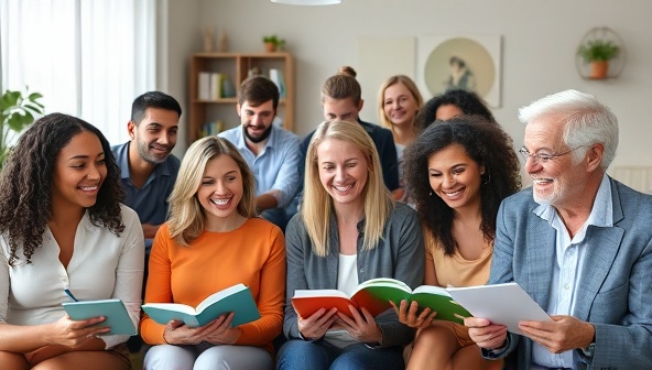 An engaging and diverse group of individuals of various ages and backgrounds participating in a virtual financial coaching session, sharing insights and taking notes, conveying a sense of empowerment and learning.