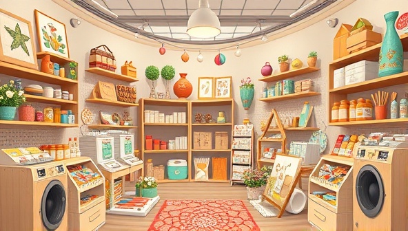 An artistic visual of a virtual craft marketplace display with handmade products, DIY kits, crafting tools, and creative materials, inviting users to explore the world of crafts and unleash their creativity through unique and personalized creations.