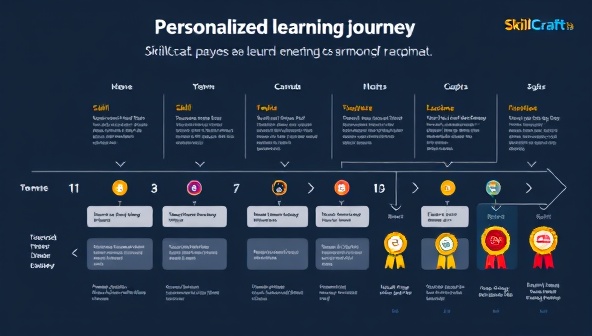 An infographic showcasing a personalized learning journey roadmap with different skill milestones, progress trackers, and achievement badges, highlighting the individualized approach of SkillCraft Pro.