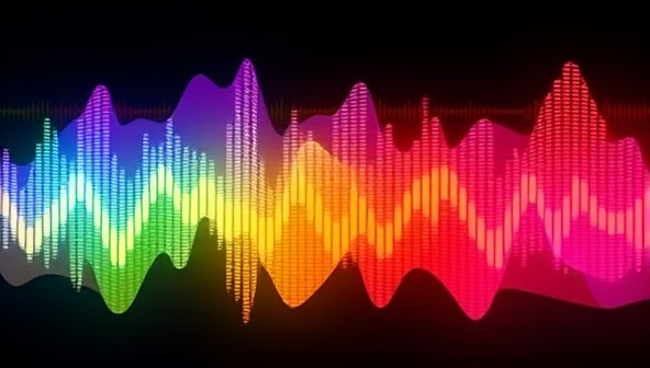 An artistically designed soundwave visualization of a podcast episode, with vibrant colors representing different voices and sounds, flowing dynamically to create a visually striking representation of audio storytelling and production in a modern and creative style.
