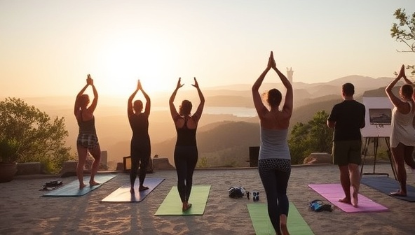 An idyllic retreat setting featuring a group of creatives engaged in a sunrise yoga session, followed by an outdoor painting workshop overlooking serene natural surroundings, capturing the essence of holistic wellness and artistic inspiration at InspireFit Retreats.