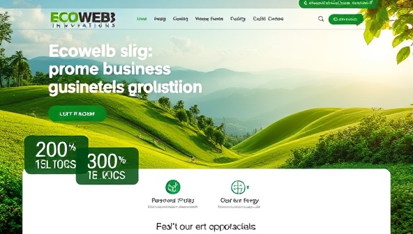 A website design interface featuring lush green landscapes, renewable energy icons, and eco-friendly design elements, symbolizing the sustainable and environmentally conscious approach offered by EcoWeb Innovations, appealing to businesses focused on green practices.