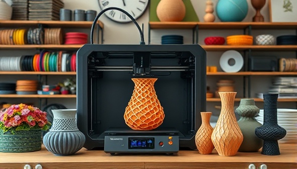An artistic display of a 3D printer crafting a intricate vase design in a stylish workshop setting, surrounded by colorful filaments and finished home decor pieces, highlighting the bespoke and modern nature of the business.