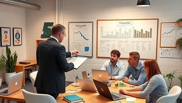 A modern co-working space filled with startup essentials like laptops, whiteboards with financial projections, motivational posters, and a person in a suit providing financial guidance to a group of enthusiastic startup founders, symbolizing support and mentorship.