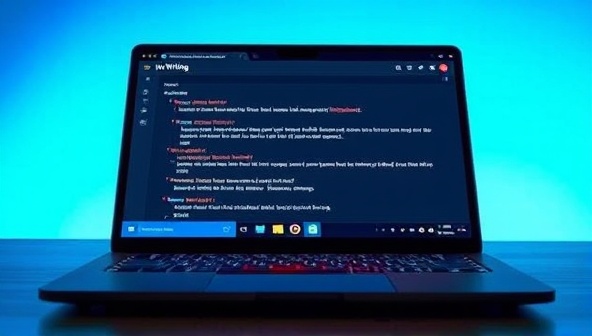An AI-powered writing assistant interface displayed on a laptop screen, showcasing real-time suggestions and corrections as a writer types, highlighting the seamless integration of technology into the writing process.