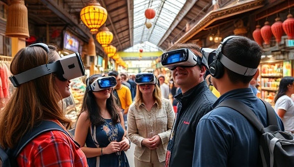 An immersive virtual tour scene with participants wearing VR headsets, interacting with a holographic tour guide in a bustling marketplace, surrounded by vibrant colors, sounds, and cultural artifacts, capturing the essence of a global travel adventure brought to life through technology.