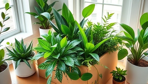 A beautifully curated plant subscription box filled with lush greenery, nestled in eco-friendly packaging, surrounded by natural light and botanical-themed decor elements, creating a serene and inviting atmosphere of plant joy.