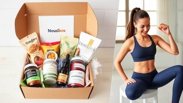 A beautifully curated nutrition box with an assortment of healthy snacks, supplements, and wellness products, personalized with the subscriber's name, a person enjoying a nutritious snack from the box, and a fitness enthusiast incorporating the products into their daily routine, showcasing the nourishing and personalized experience of NourishMe Now.