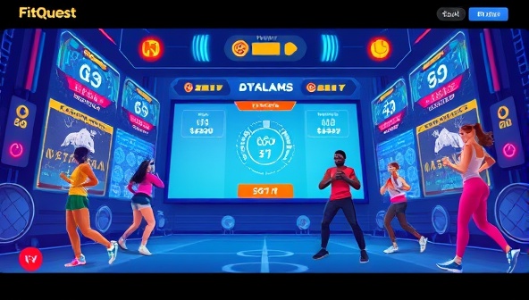 An engaging and dynamic digital illustration of FitQuest Gamify platform featuring users competing in virtual fitness challenges, earning rewards, and interacting with fitness avatars, creating a vibrant and competitive fitness gaming environment.
