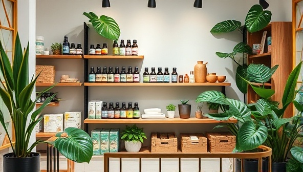An artistic representation of a serene wellness space with shelves of natural supplements, essential oils, and herbal teas, surrounded by green plants and calming decor, evoking a sense of tranquility and holistic well-being.