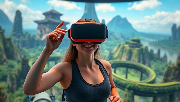 An immersive virtual reality scene showing a user wearing a VR headset, surrounded by lush digital landscapes and engaging in a high-energy workout routine while exploring a captivating virtual world, creating an unforgettable fitness adventure experience.