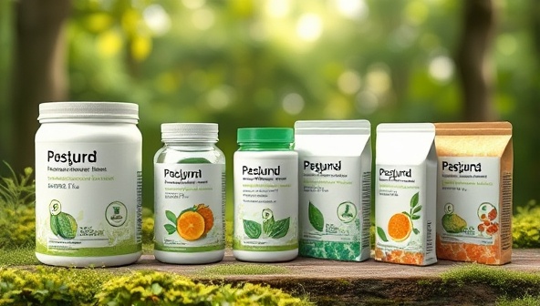 An artistic rendering of sustainable pharmaceutical packaging designs, featuring biodegradable materials and nature-inspired elements, conveying a message of environmental consciousness and innovation.