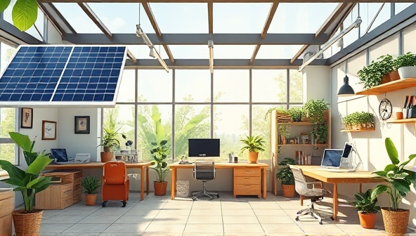 An artistic representation of a website design studio powered by solar panels, with recyclable materials and greenery integrated into the workspace, reflecting the eco-friendly ethos of GreenPixel Studio.