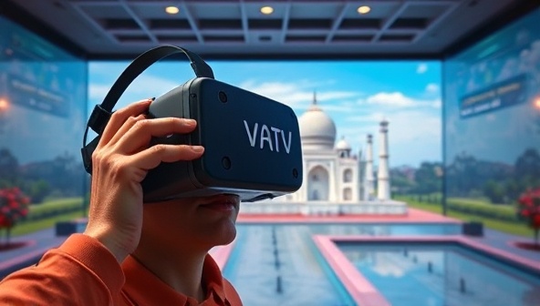 An engaging VR headset display showing a user virtually exploring a breathtaking digital replica of the Taj Mahal, surrounded by interactive elements like tour guides, historical facts, and panoramic views, capturing the transformative and immersive nature of VoyageVista's virtual travel experiences.