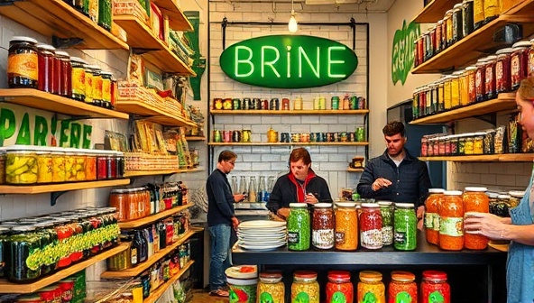 An eye-catching pickle pop-up shop featuring shelves of colorful jars filled with assorted pickled vegetables, fruits, and condiments, surrounded by pickle-themed decor and signage, with customers sampling pickles and engaging in the vibrant pickle-centric atmosphere of Brine & Bite.