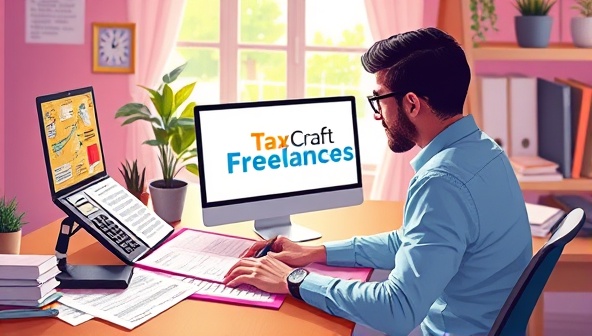 An artistic depiction of a freelancer working in a vibrant home office setting, surrounded by tax forms and calculators, with TaxCraft Freelance's logo displayed prominently on the computer screen, conveying support and optimization for freelancers in managing their taxes, evoking professionalism and relief.