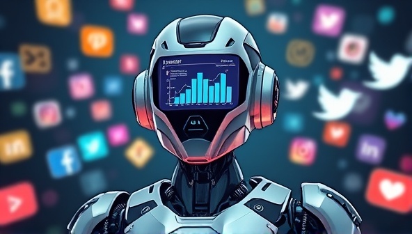 An artistic rendering of a futuristic robot with a digital screen displaying social media analytics, surrounded by vibrant social media icons, symbolizing efficiency and innovation in marketing.