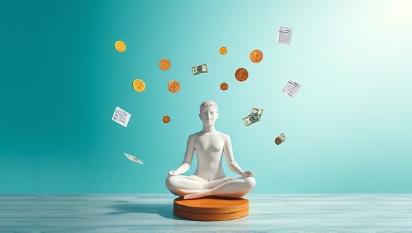 An artistic depiction of a serene meditation space with financial elements like coins, dollar bills, and budget trackers floating peacefully in the air, merging the concepts of mindfulness and money management in a harmonious and visually appealing way, evoking a sense of tranquility and balance.