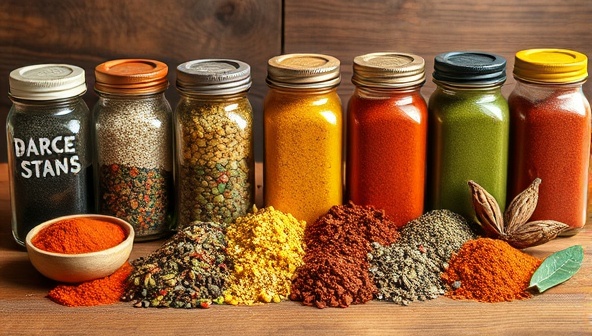 An enticing and colorful array of spice jars from different regions of the world, arranged on a rustic wooden table with vibrant spices spilling out, evoking a sense of culinary adventure and global gastronomic exploration.