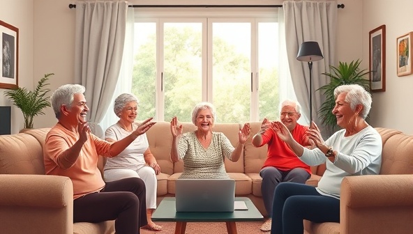 A heartwarming illustration of a group of seniors participating in an online fitness class, smiling and exercising together in their living rooms, with virtual trainers guiding them through gentle movements, promoting health and community among older adults.
