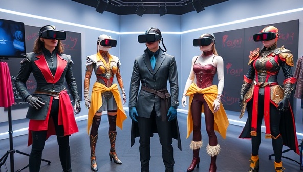 An interactive VR cosplay studio environment with digital mannequins displaying intricate virtual costumes, customizable accessories, and vibrant character designs, illustrating the creative potential of the platform.