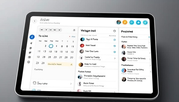 An elegant virtual assistant interface displayed on a sleek tablet, showing a calendar, to-do list, and personalized recommendations, symbolizing efficiency and modern technology.
