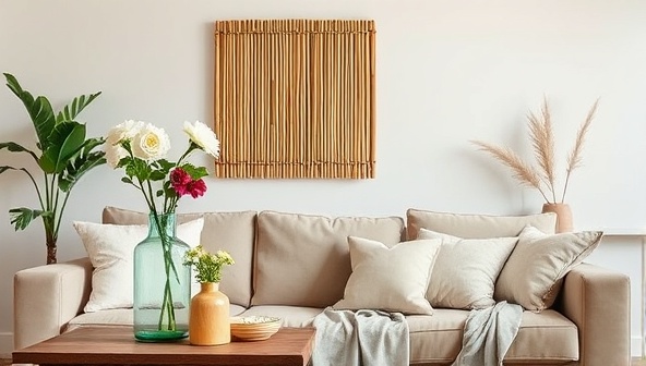 A cozy living room setting featuring sustainable home decor items like a bamboo wall art piece, a recycled glass vase with fresh flowers, and organic cotton throw pillows on a stylish sofa, creating a harmonious and eco-conscious living space.