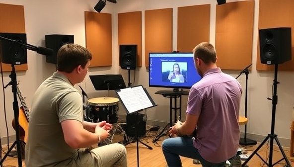 An inspiring virtual studio setup with a mentor guiding a musician through a virtual music lesson, with musical instruments, sheet music, and recording equipment in the background, creating a professional and supportive learning environment.