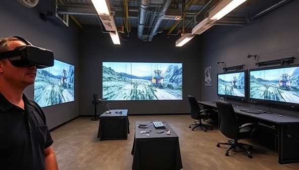 A mining training room equipped with VR headsets and interactive simulation stations, where mining professionals are immersed in a virtual mine environment, practicing equipment operations and safety procedures, highlighting the cutting-edge training technology of MineSim VR Academy.