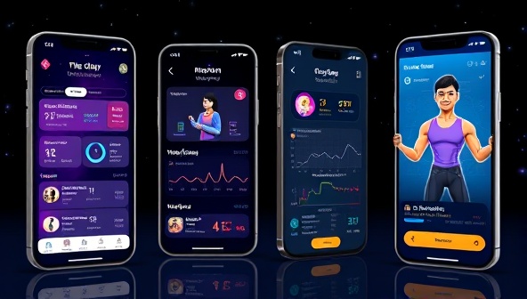 An engaging and futuristic interface of the AI FitGenie app displaying workout recommendations, progress tracking, and a virtual personal trainer avatar providing guidance, showcasing the app's innovative features and user-friendly design.