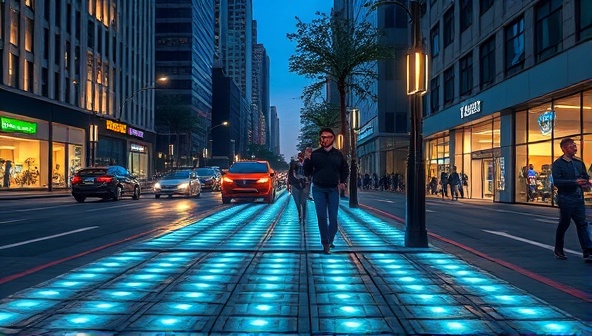 An urban street scene with bustling traffic and pedestrians walking on energy-generating pavement tiles that light up the sidewalk and power nearby streetlights, illustrating the seamless integration of sustainable technology into everyday urban environments for a brighter and greener future.